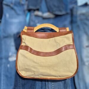 Charles Revson Ultima II Vintage Boho Canvas Handbag Wooden Top Handle Tan